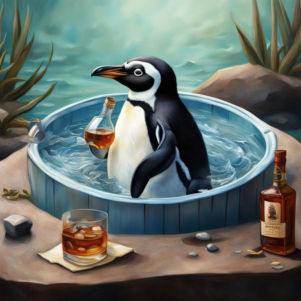 Penguin Enjoys Whisky in Hot Tub: Hyperrealism
