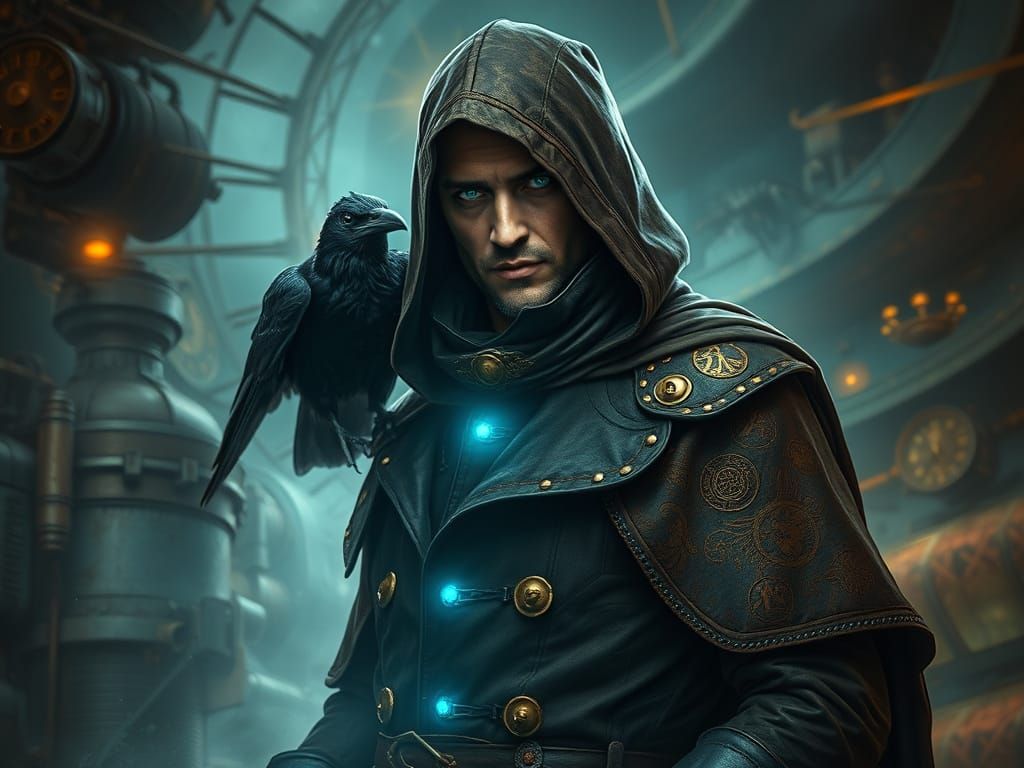 Mysterious Steampunk Sorcerer with Raven