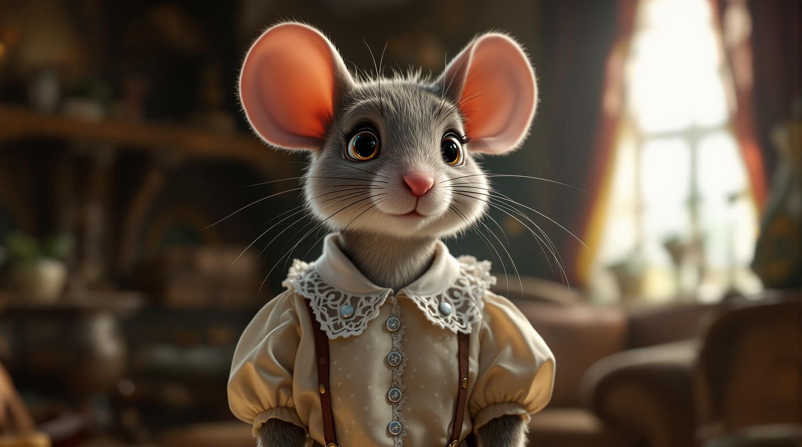 Mouse Wears Elegant Blouse in a Cozy Home