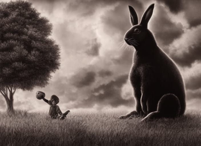 Giant Black Rabbit and Boy: Photorealistic Pencil Drawing