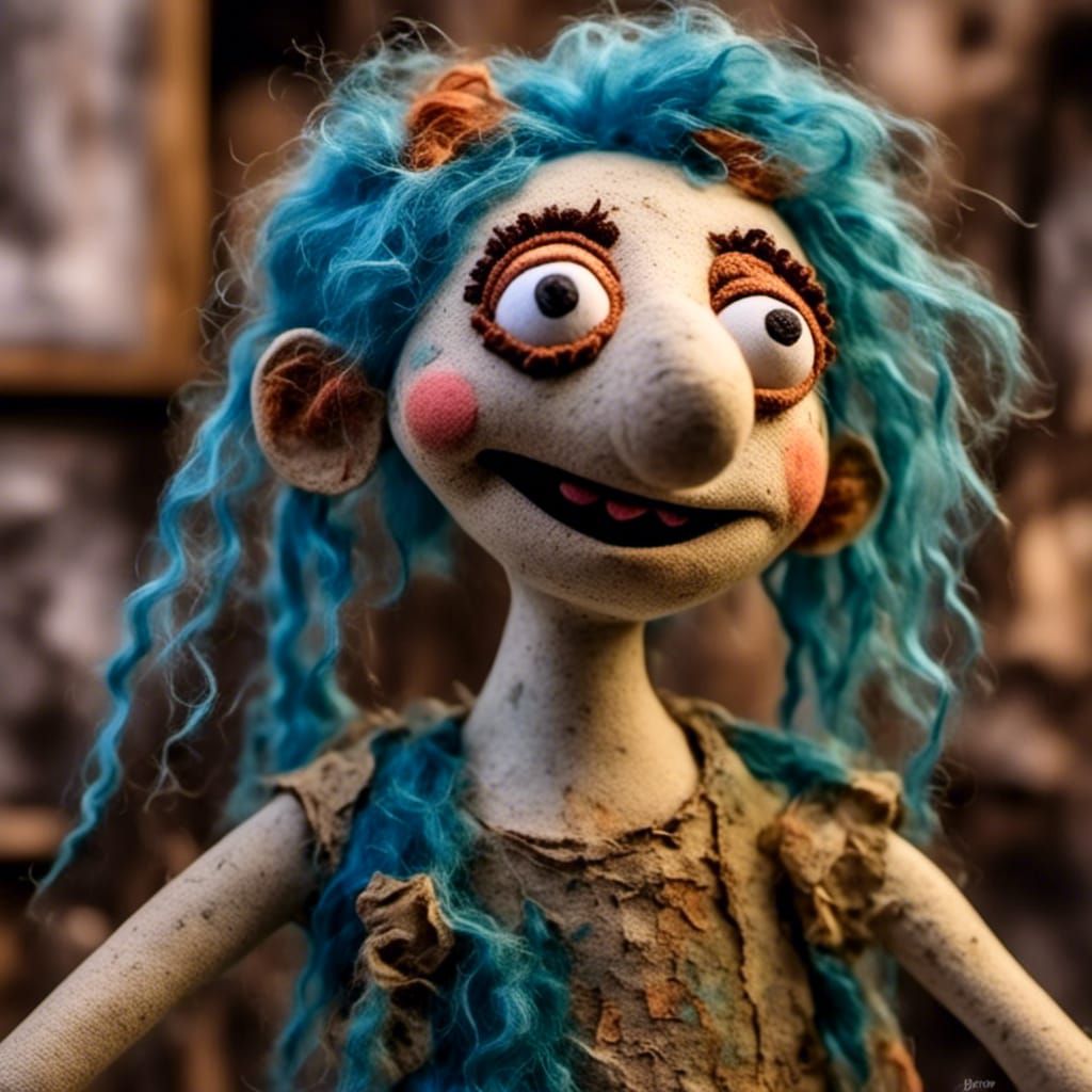 Blue-Haired Muppet Puppet in Victorian Gothic Style
