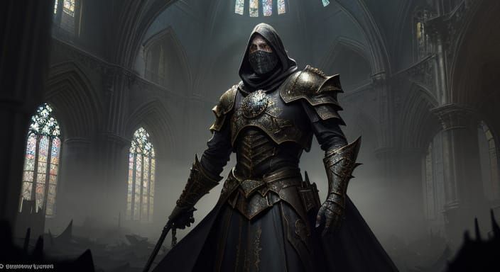 Armored Figure Amidst Gothic Ruins in Art Nouveau Style