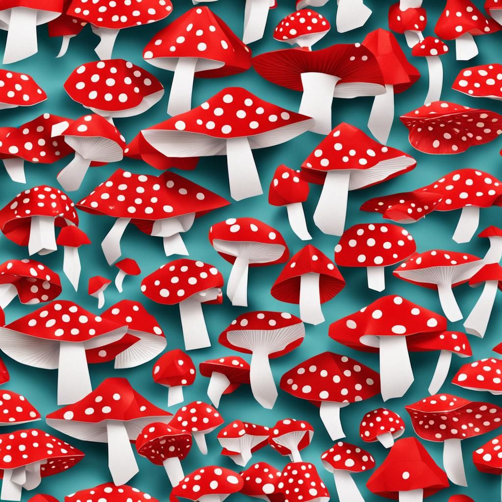 Origami Red Mushrooms Papercraft in Soft Focus