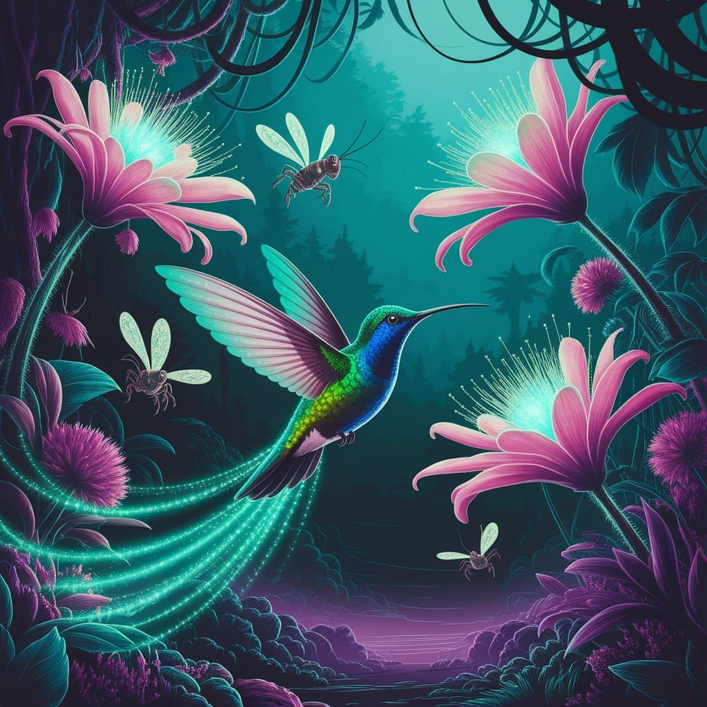 Bioluminescent Hummingbird in Alien Jungle, Digital Art