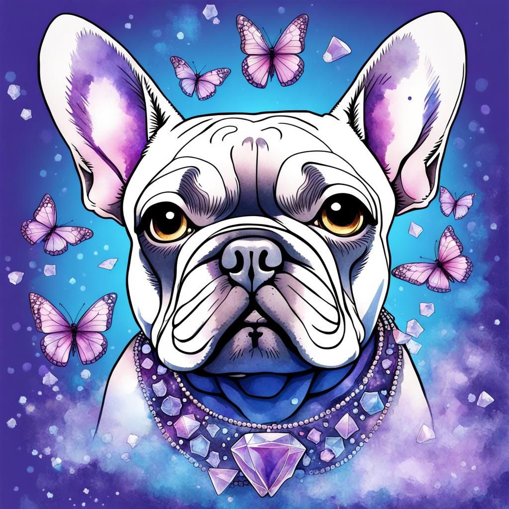 Anime French Bulldog with Crystals and Butterflies