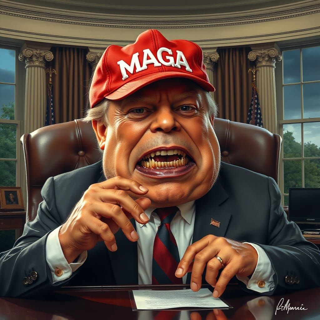 Hyperrealistic Caricature in Oval Office