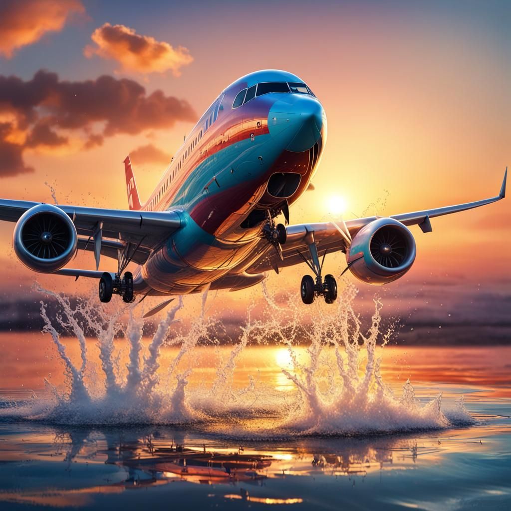 Water Airplane Sunset: Hyperrealistic Splash Art