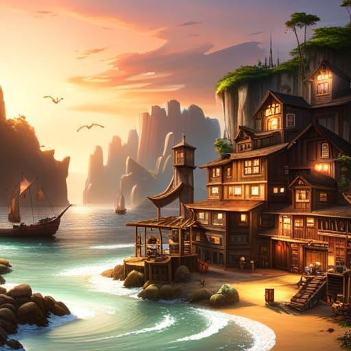 Pirate Island Cove with Ships: Fantasy Concept Art