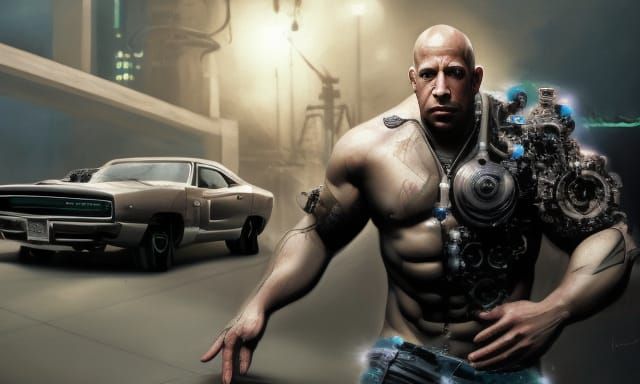 Vin Diesel and Dodge Charger Hybrid Birth: Biopunk Art