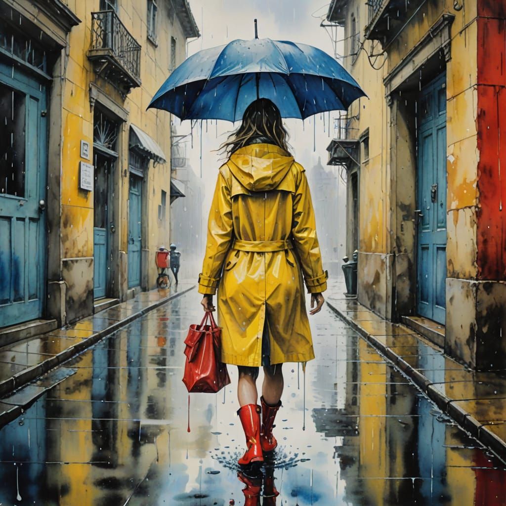 Surreal Watercolor Painting of Girl Walking in Rain