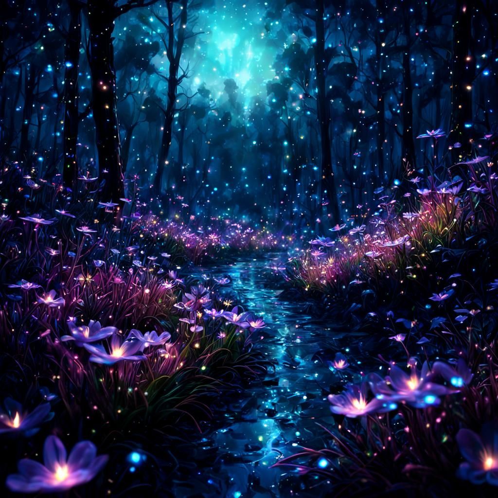 Glowing Fireflies and Flowers Under Starry Night