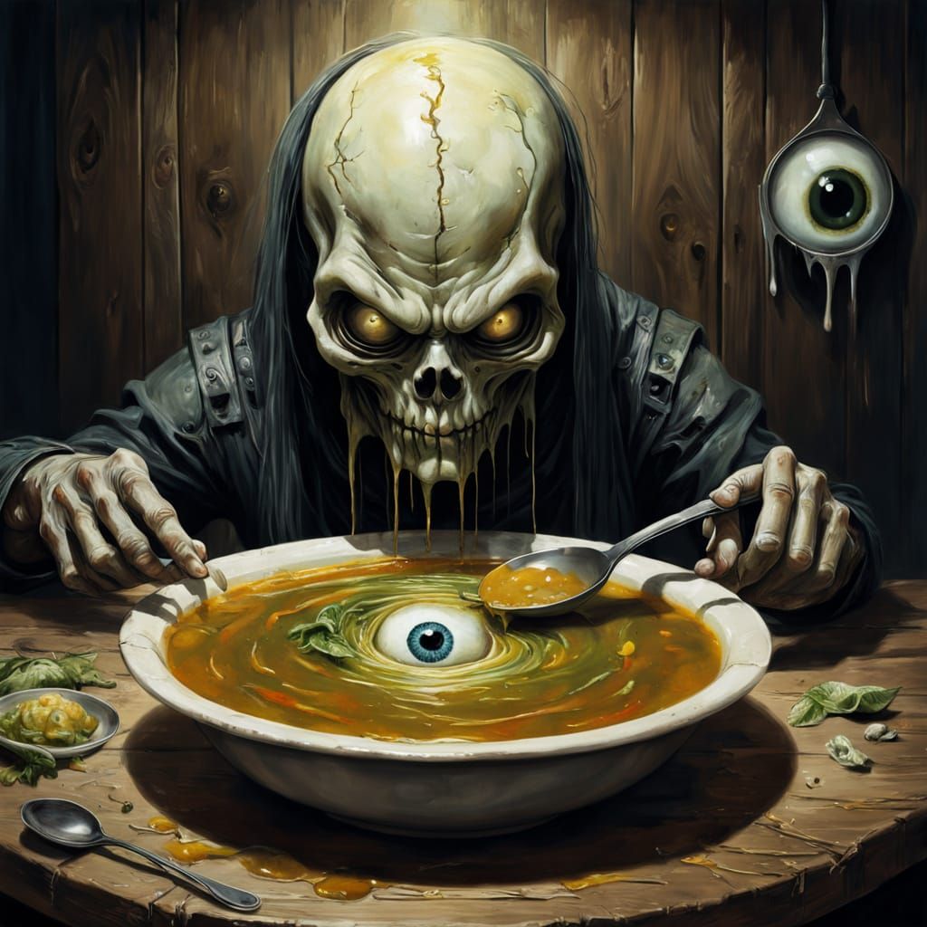 Surreal Face in Soup: Grotesque Realism Oil Painting