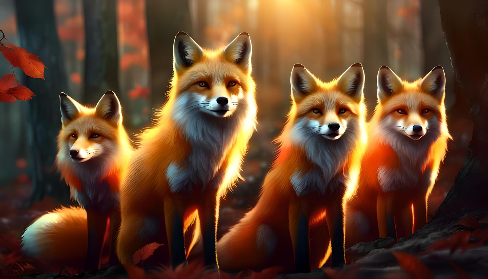 Spirit Foxes in Autumn Forest with Firey Glows