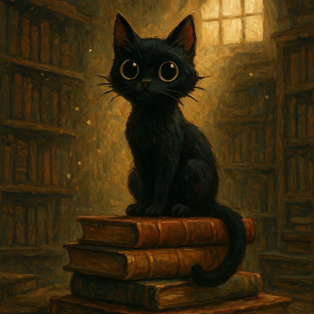 Black Cat in Library: Stylized Oil Painting