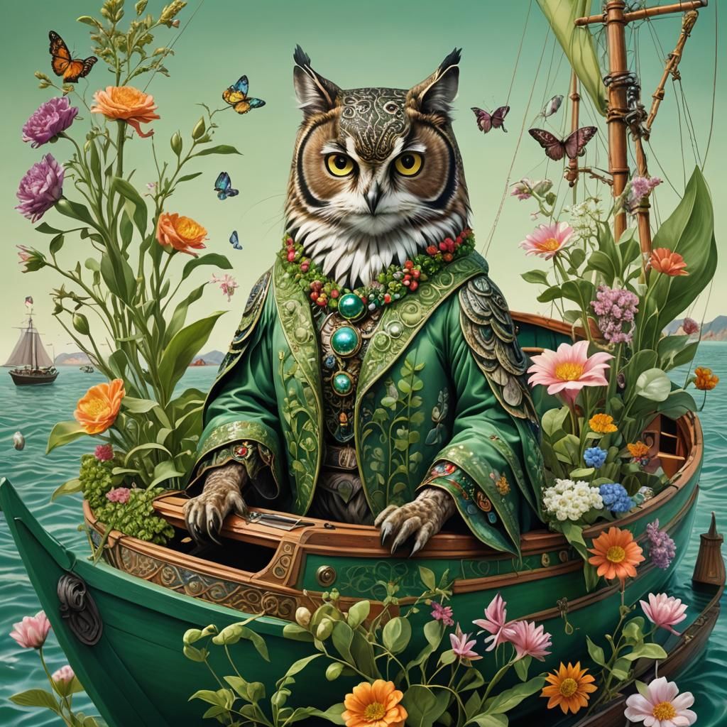 Owl and Cat's Sea Adventure in Pop Art Style