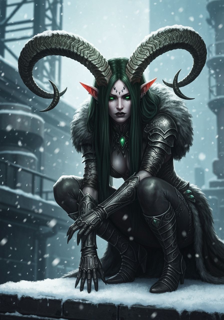 Mystical Fantasy Character with Gothic Attire on Snowy Ledge