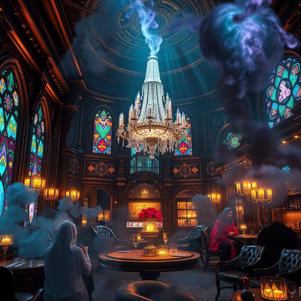 Surreal Night Cafe in Vibrant, Iridescent Hues