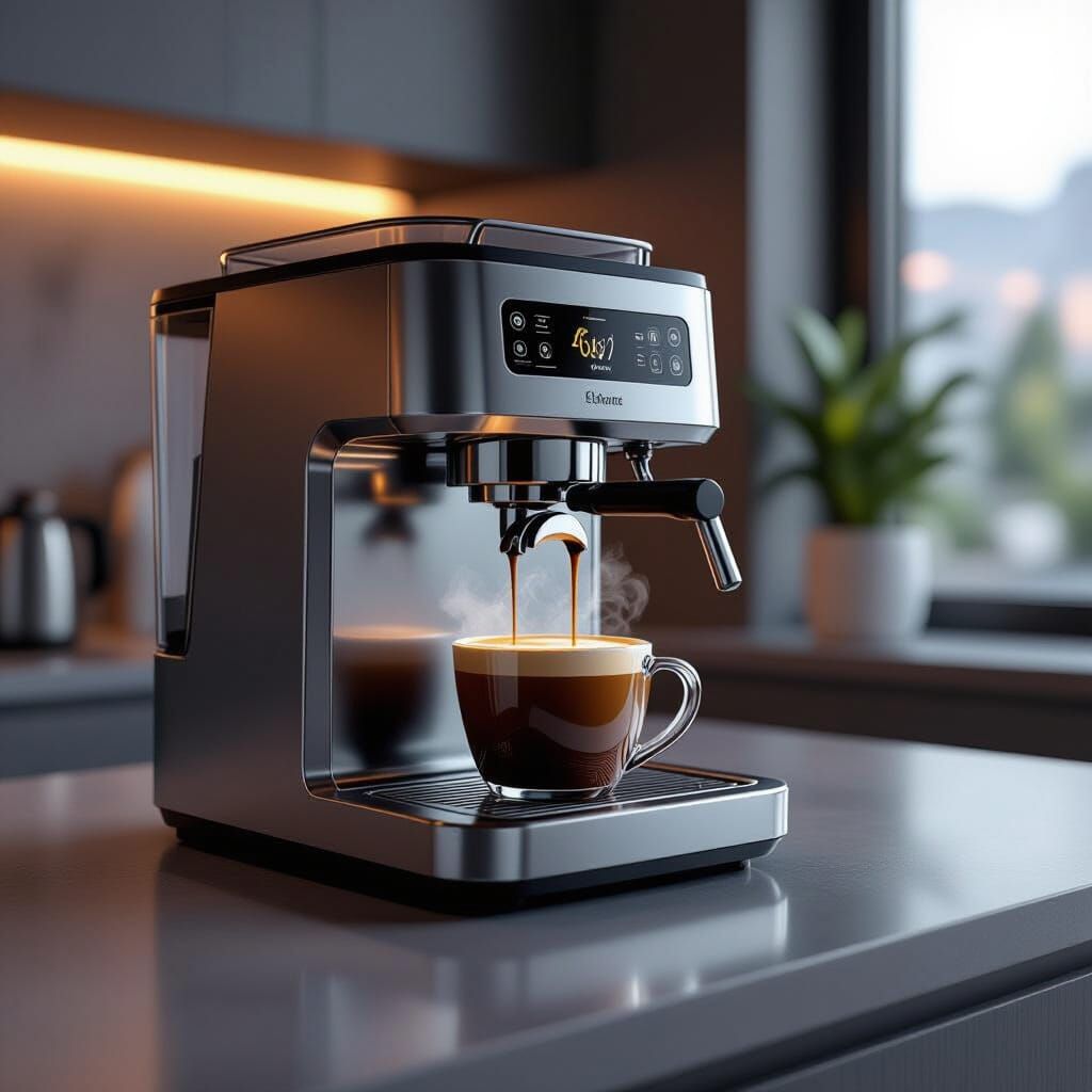 Coffee Machine with Steaming Cup in Futuristic Style