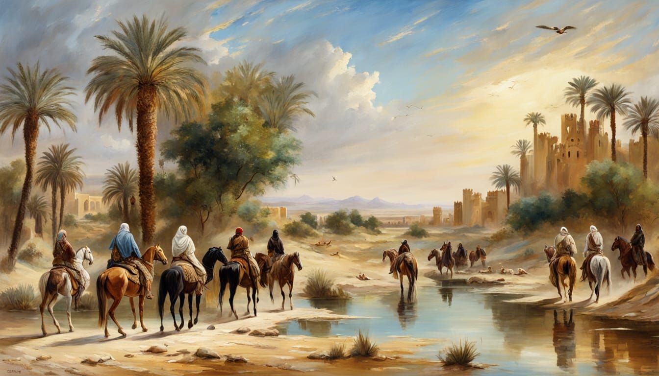 Arabs Hunting with Hawks in Oasis as Oil Painting