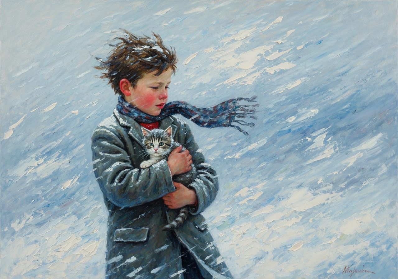 Boy Shelters Kitten in Snowy Storm