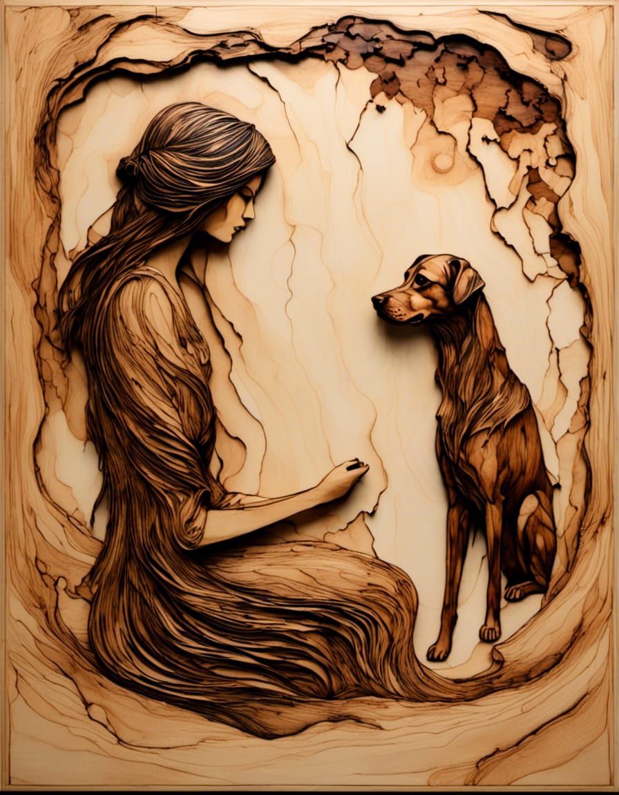 Minimalist Pyrography of Girl with Dog