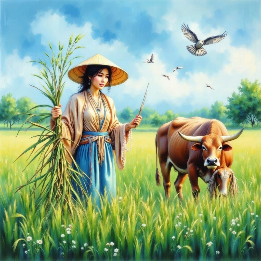 Taiwanese Farmer Working in Rice Field with Bull