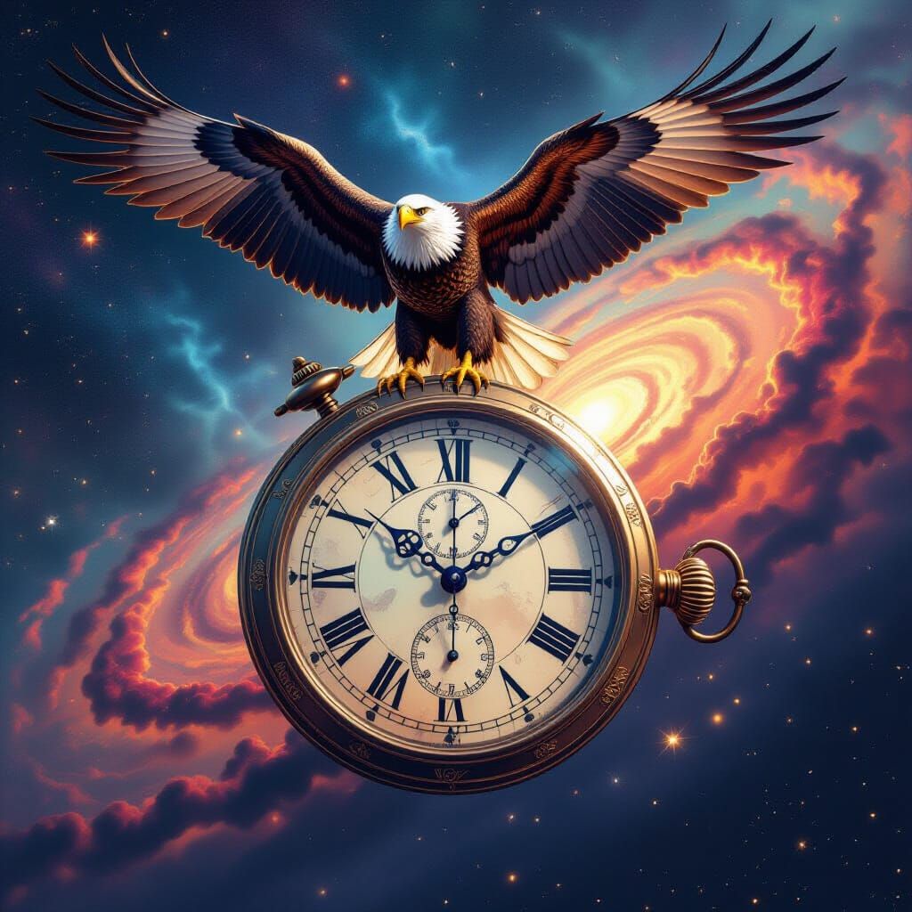 Majestic Eagle on Melting Watch Over Galaxy