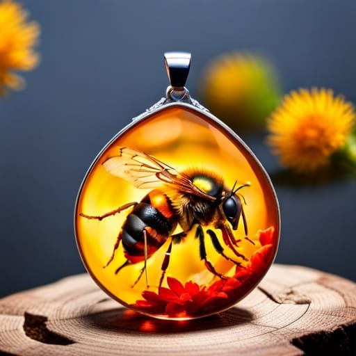 Honey Bee Fossil in Amber Gemstone Pendant