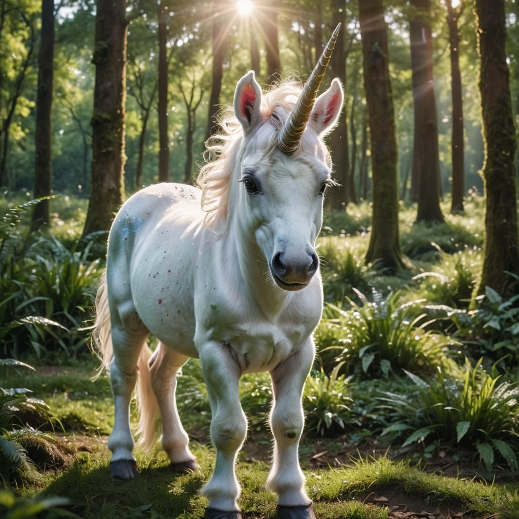 Hyperrealistic Baby Unicorn Portrait in Lush Forest