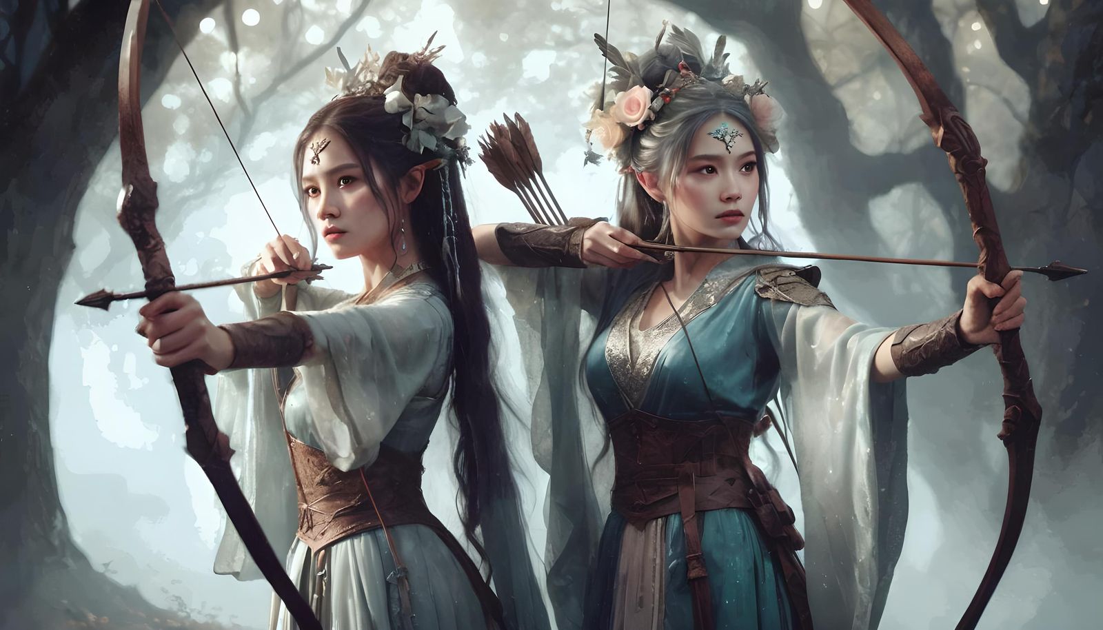 Elven Archers Poised in Mystical Forest