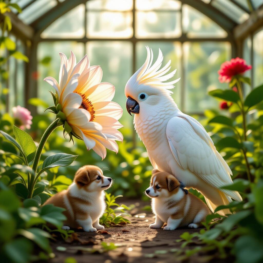 White Cockatoo Explores Flower in Sunlit Victorian Greenhous...