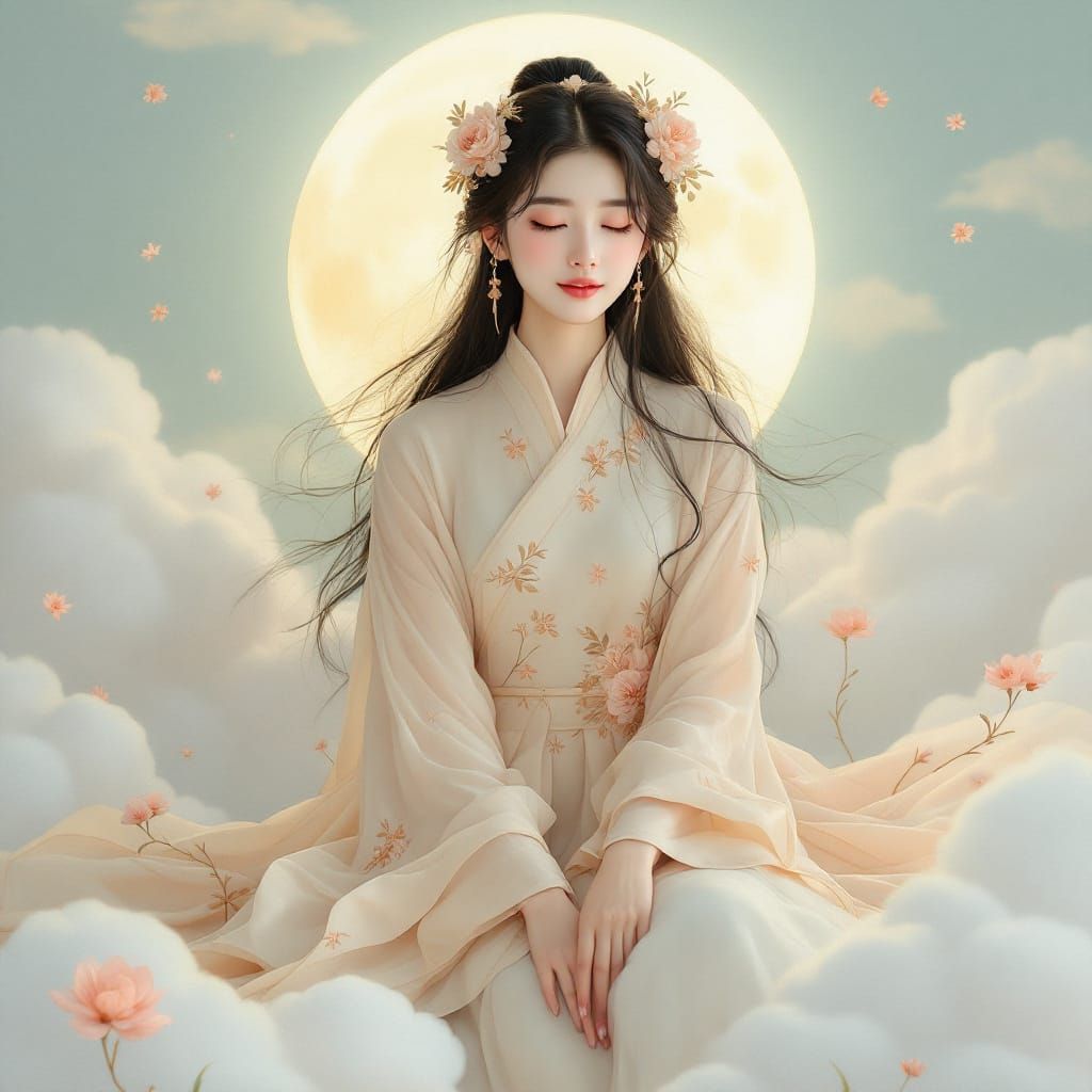 Ethereal Portrait of Asian Woman on Pastel Clouds