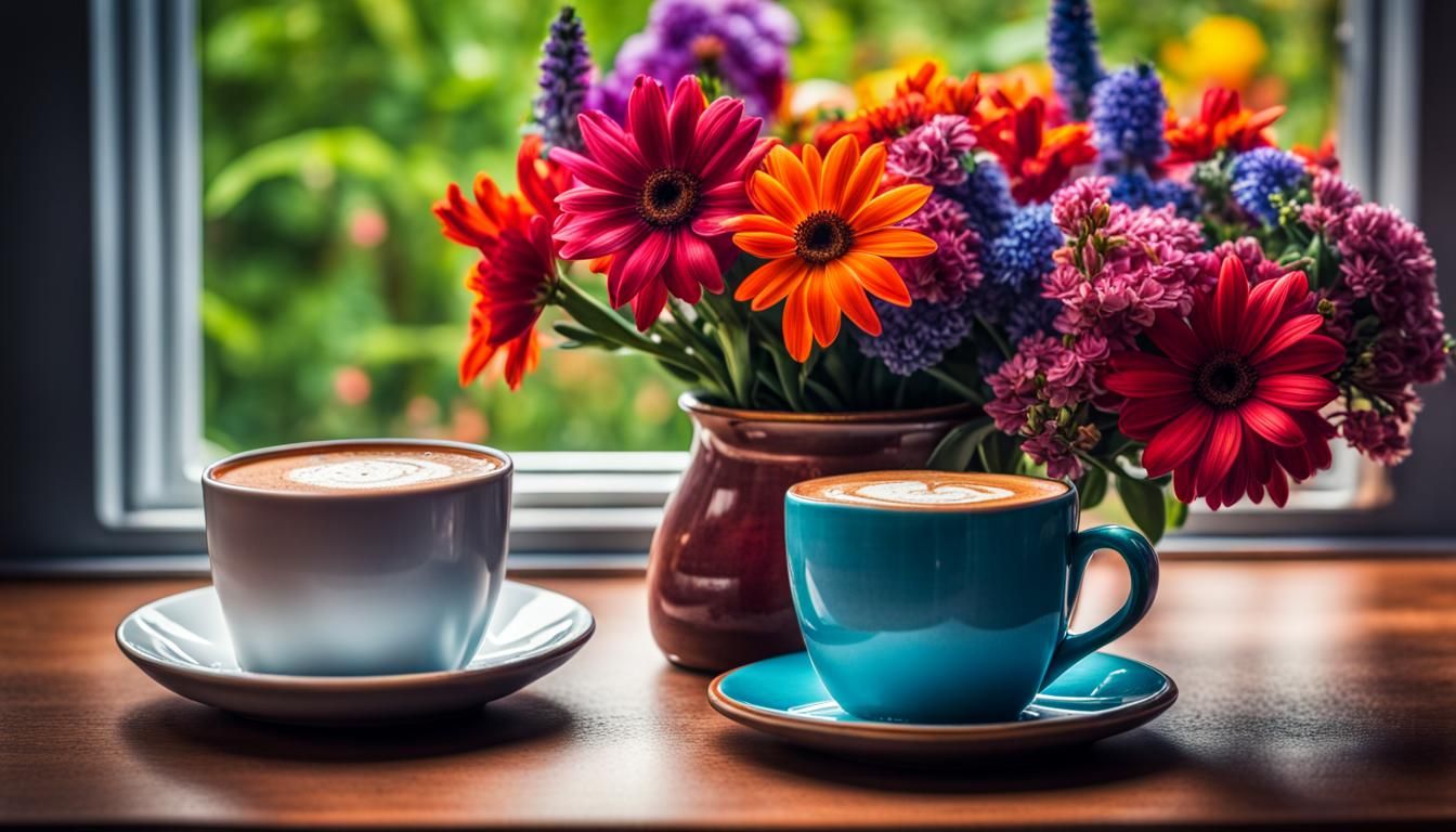 Hyperrealistic Coffee and Flowers on Bright Table