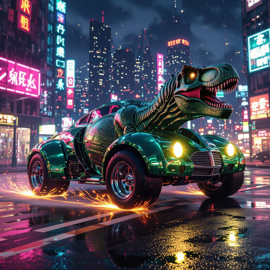 T-Rex Chrome Car in Neon Cityscape
