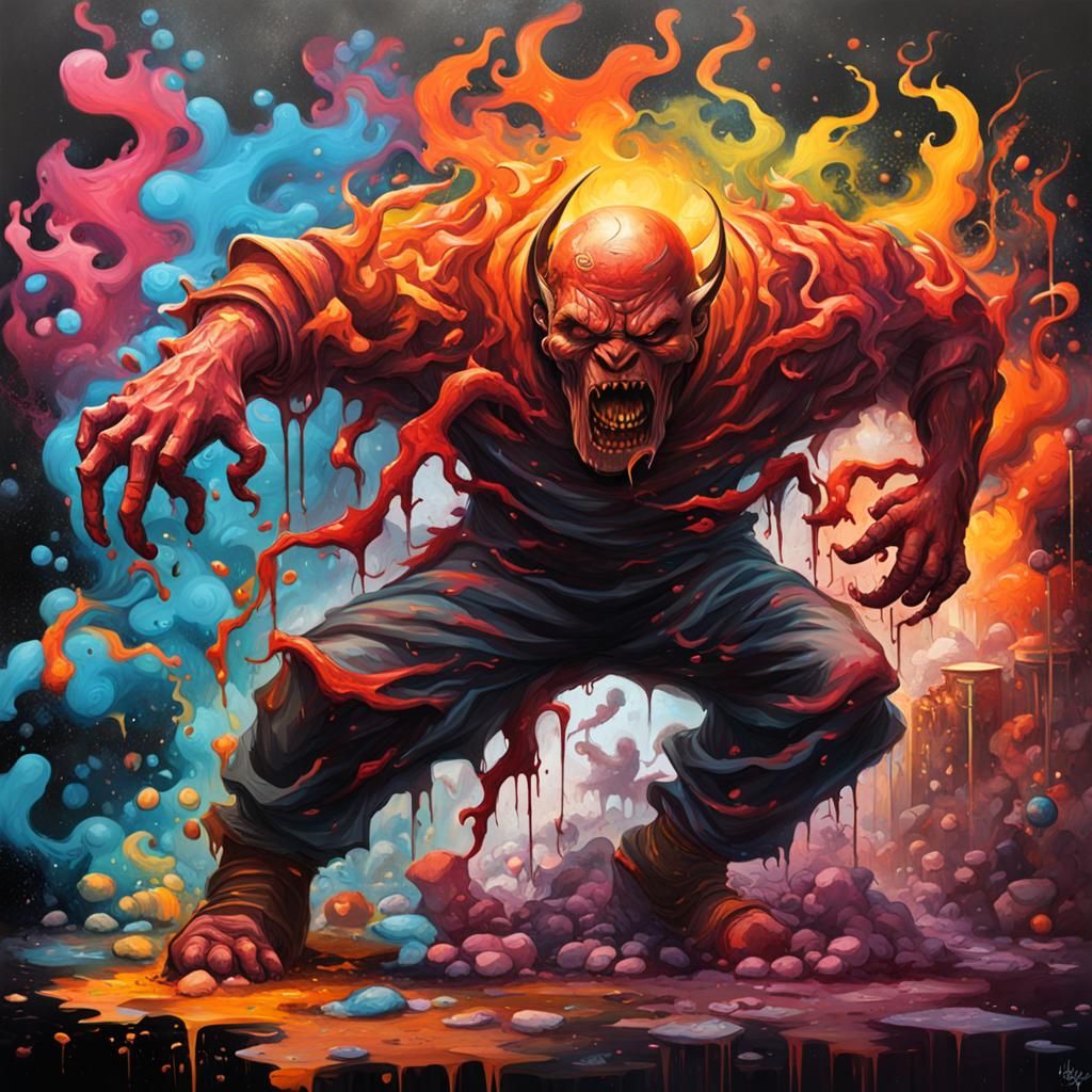 Man Battling Demons in Graffiti Splash Art