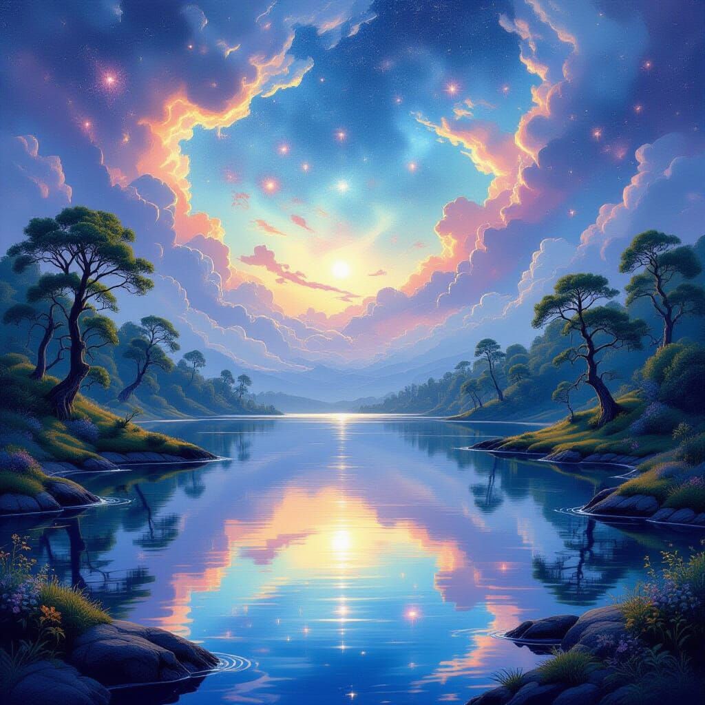 Cosmic Lake Reflecting Nebulae Sky in Watercolor Style