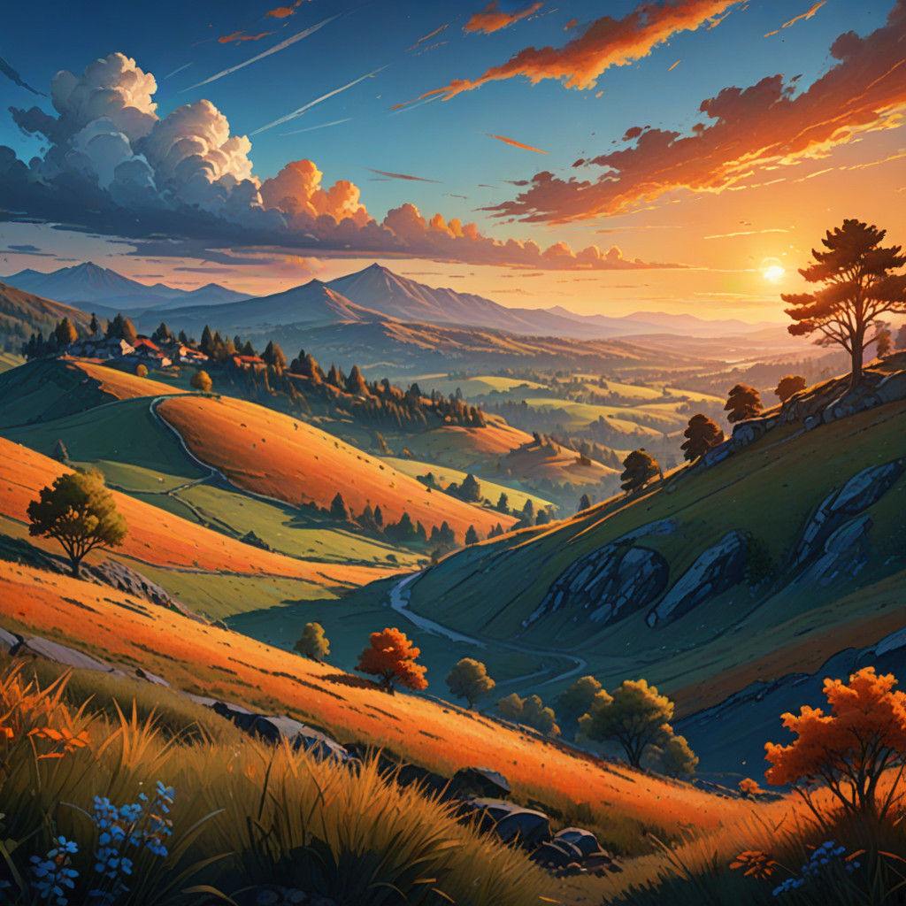 Vibrant Sunset Landscape in Oil Painting Style