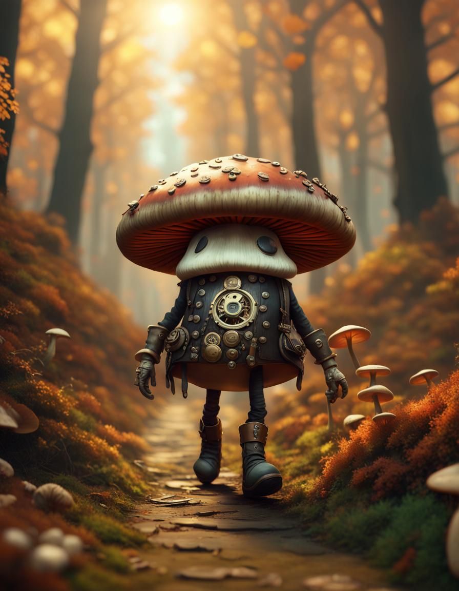 Steampunk Mushroom in Autumn Forest Fantasy