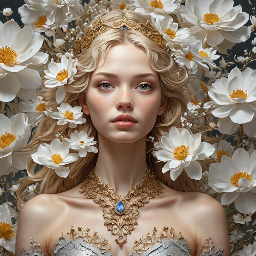 Goddess Emerges From Flower, Detailed Digital Art