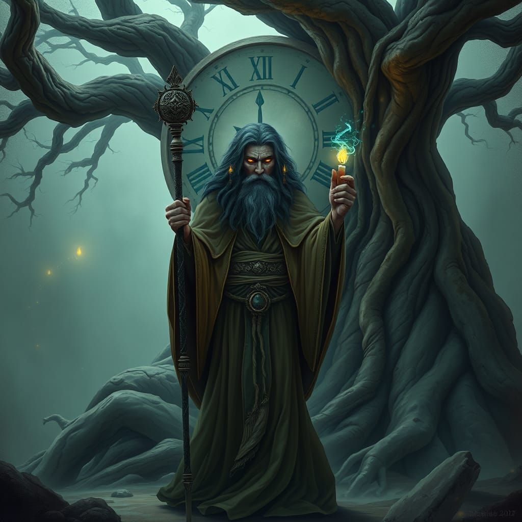 Mystical Figure at Clock Tree in Matte Painting Style