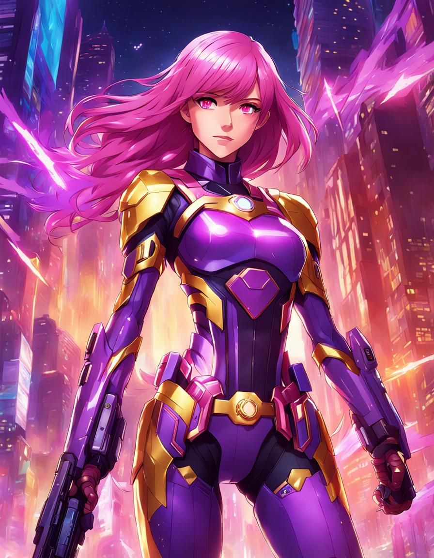 Pink-Haired Cyborg Superheroine in Anime Style