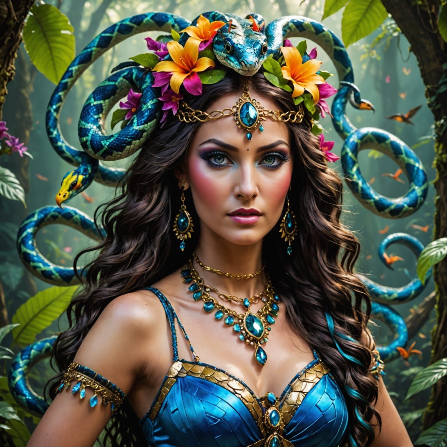 Enchanted Amazonian Belly Dancer with Rainbow Serpents