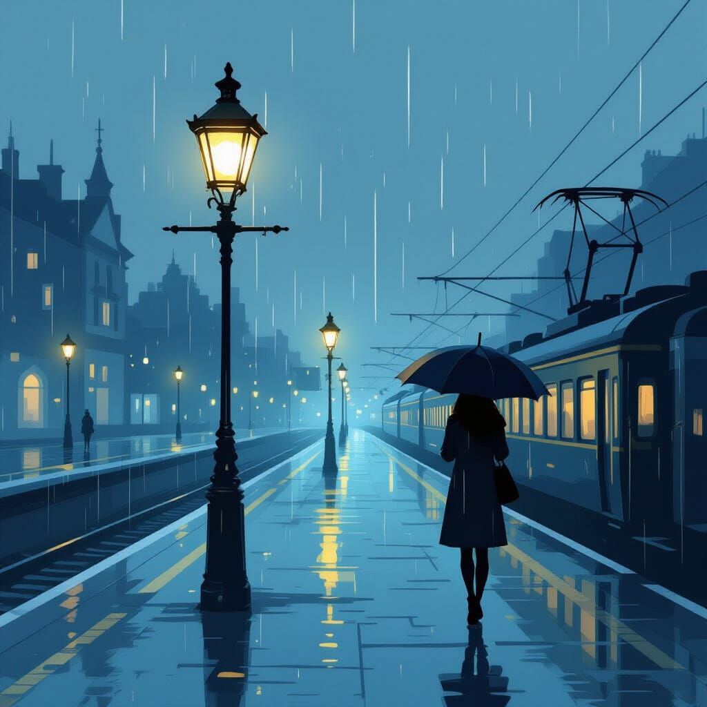 Rainy Train Platform: Minimalist Digital Painting