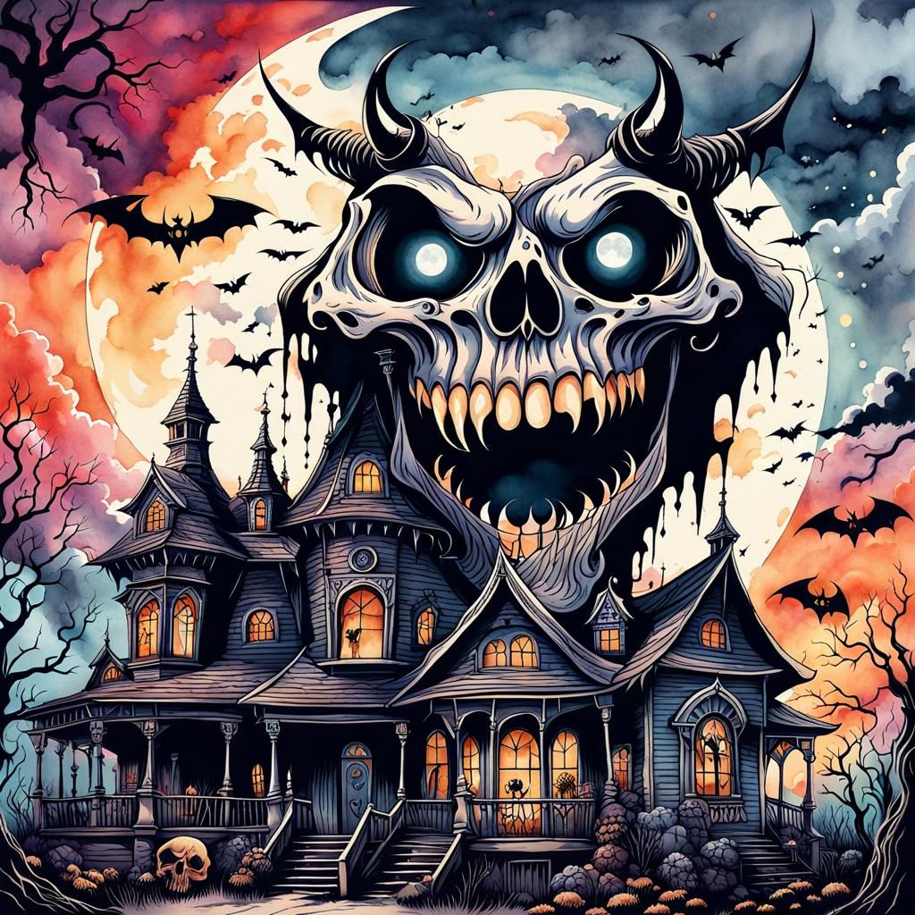 Sinister Haunted House with Devil in Sky