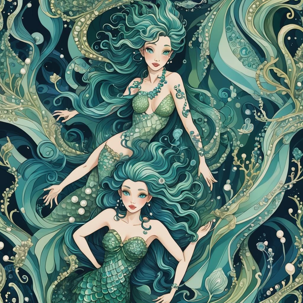 Merman and Mermaid Undersea with Abstract Fractal