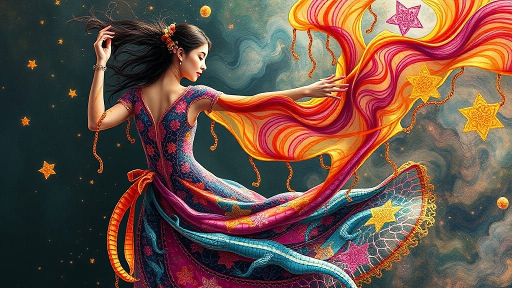 Woman Dancing in Star Lizard Dress, Gouache Painting