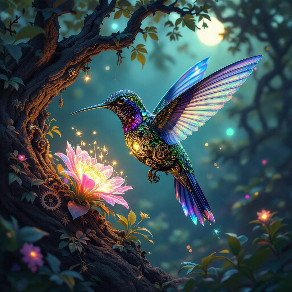Bioluminescent Clockwork Hummingbird in Fairy Grove