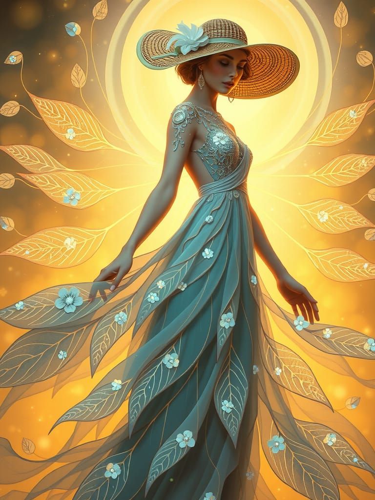 Woman in Ethereal Leaf Dress with Floral Accents