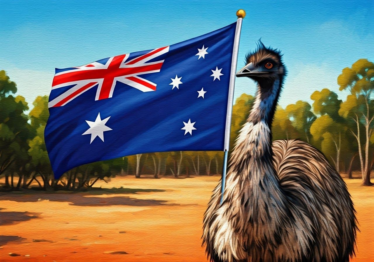 Emu Waving Australian Flag in Expressive Art Style