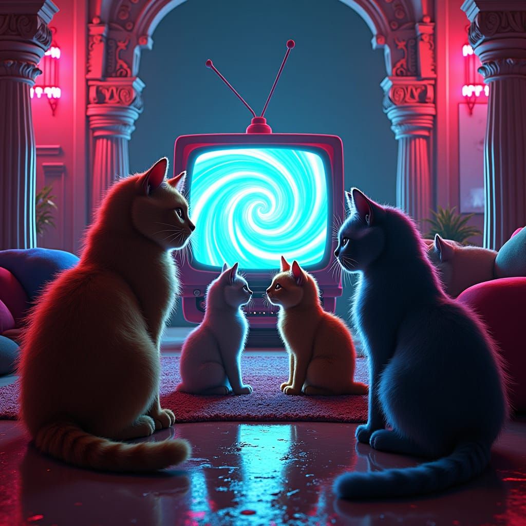 Cats Mesmerized by TV in Neon Baroque Nightclub